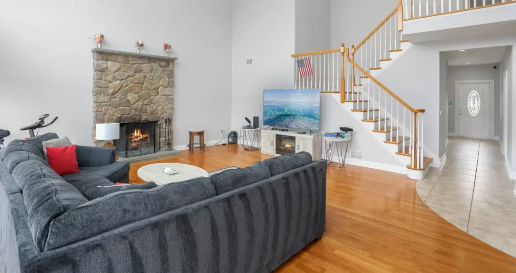 Living room with fireplace at grandview estates rehab center