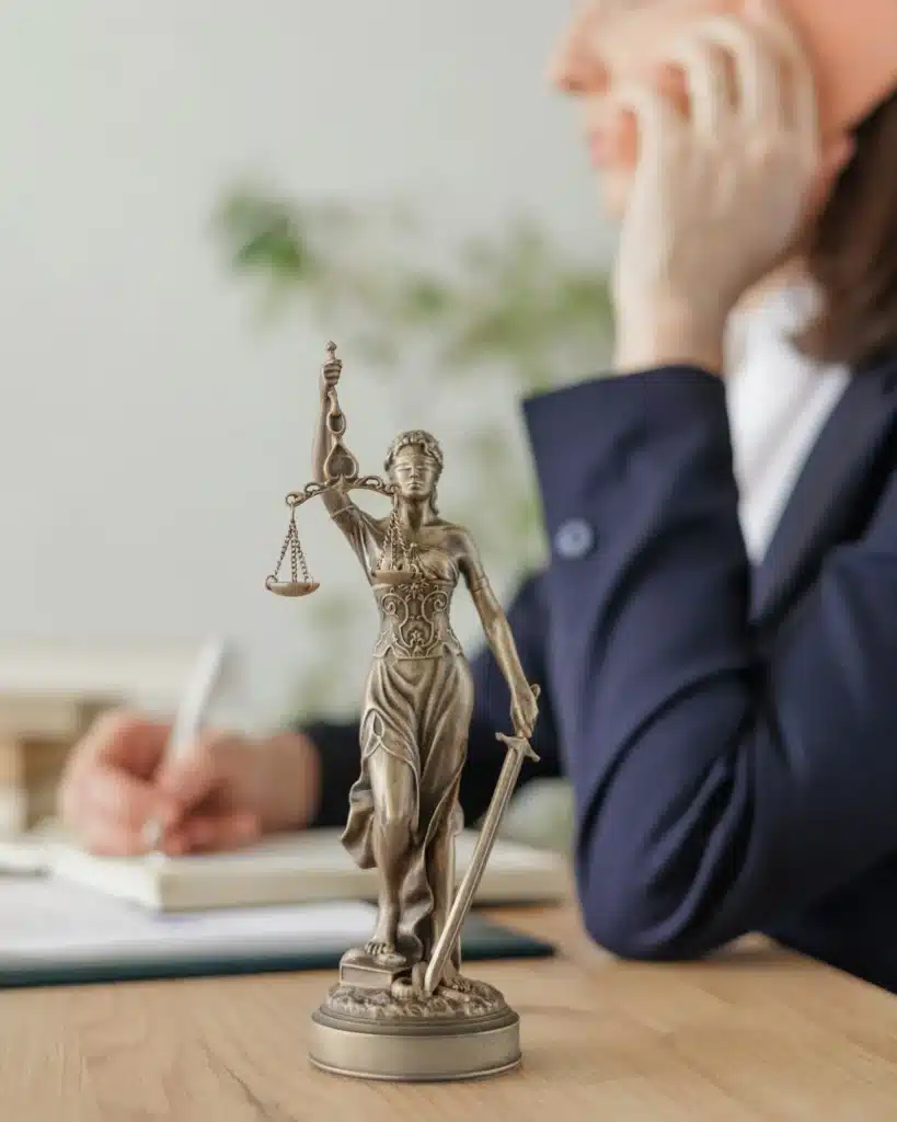 European female lawyer talks to clients on a webcam from a laptop. work in a law firm