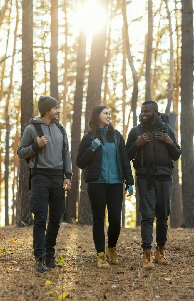 Group of friends backpacking at countryside, having conversation