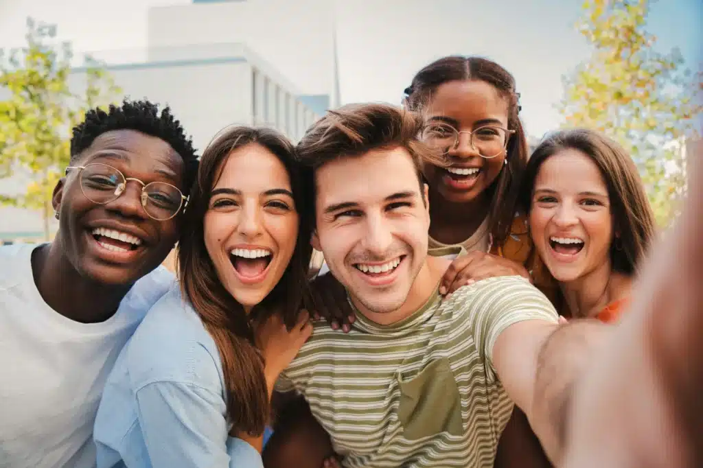 Happy multicultural friends laughing taking a selfie portrait together. Mixed teenage cheerful