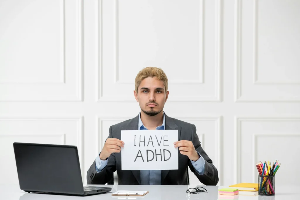 ADHD cute young stressed worker in the office behind desk with computer having sickness