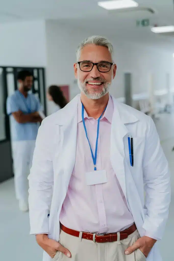 Portrait of happy doctor at hospital corridor.